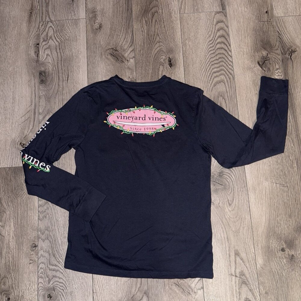 VINEYARD VINES Youth Large NAVY Graphic LS Pocket Tee Holiday Lights